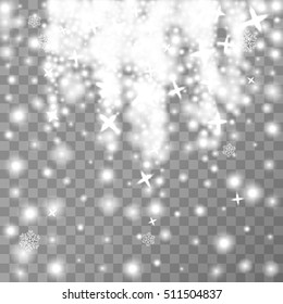 Vector falling of lights isolated on transparent . Christmas shining .Falling glitter light effect . Snowfall . Snow flakes, snowfall. White glittering snow dust . Vector illustration