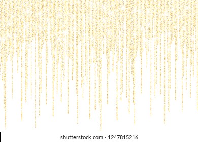 Vector falling in lines gold glitter confetti dots rain. Golden garland lights isolated on white background. Sparkling glitter border, party tinsels shimmer, holiday background design, festive frame