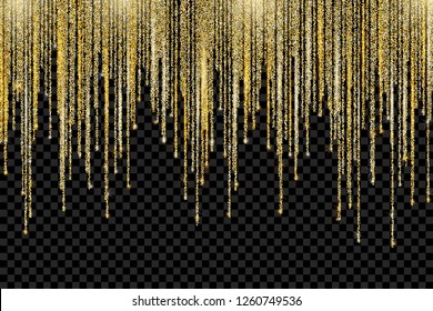 Vector falling in lines gold glitter confetti dots rain. Golden garland glittering lights isolated on transparent background. Sparkling glow border, party tinsels shimmer frame, holiday background