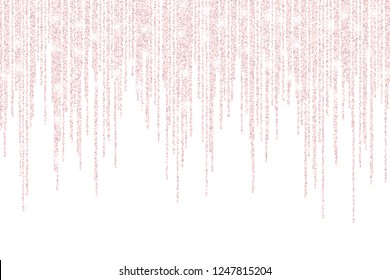 Vector Falling In Lines Gold Rose Glitter Confetti Dots Rain. Pink Garland Lights Isolated On White Background. Sparkling Glitter Border, Party Tinsels Shimmer Frame, Holiday Background Design