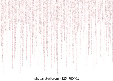 Vector falling in lines gold rose glitter confetti dots rain. Pink garland lights isolated on white background. Sparkling glitter border, party tinsels shimmer frame, holiday background design