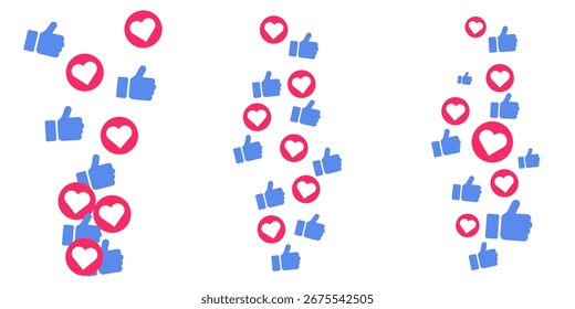 Vector Cayendo Corazones de Amor Stream Iconos Doodle Set para las redes sociales Emoji Reacción Comentarios Celebración de Internet Fondo colorido Burbuja Borde Diseño de Post Comentario Patrón de diseño de confeti