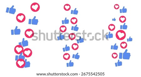 Vector falling love hearts stream icons doodle set for social media emoji reaction feedback internet celebration colorful background bubble border post layout comment confetti design pattern