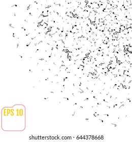 Vector Falling Notes Background. Frame of Treble Clefs, Bass Clefs and Musical Notes. Black Musical Symbols of Different Size on White Background
