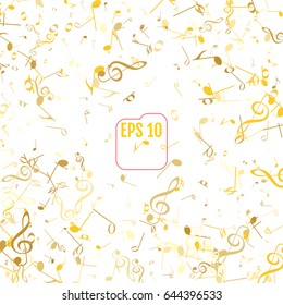 Vector Falling Notes Background. Frame of Treble Clefs, Bass Clefs and Musical Notes. Gold Musical Symbols of Different Size on White Background 