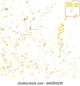 Vector Falling Notes Background. Frame of Treble Clefs, Bass Clefs and Musical Notes. Gold Musical Symbols of Different Size on White Background 