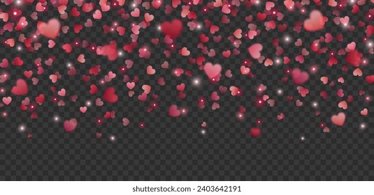 Vector falling red and pink heart confetti on the transparent background. Heart confetti for Women's Day, Valentine’s Day, for greeting cards, wedding invitation.