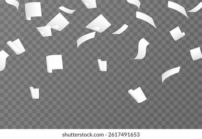 Vector falling sheets of paper png. Flying pages of documents on transparent background. Office sheets of paper png.