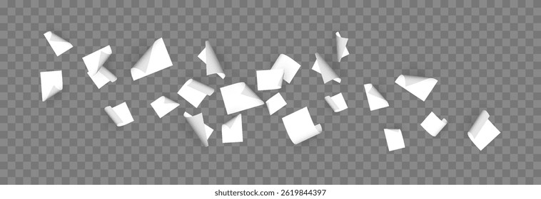 Vector falling sheets of paper png. Flying pages of documents on transparent background. Office sheets of paper png.