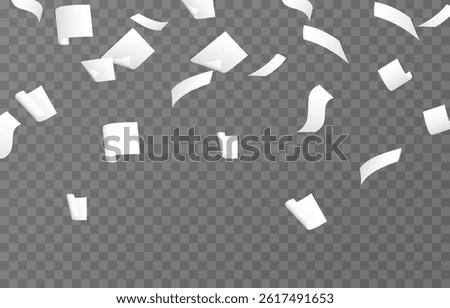 Vector falling sheets of paper png. Flying pages of documents on transparent background. Office sheets of paper png.