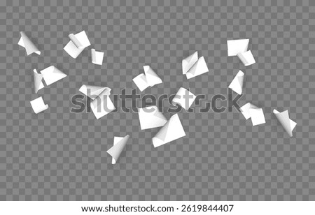Vector falling sheets of paper png. Flying pages of documents on transparent background. Office sheets of paper png.