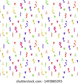 Vector falling shiny confetti and serpentine on white background, SEAMLESS PATTERN, colorful background template, festive illustration.