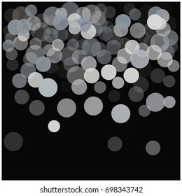 Vector falling snow confetti. Winter festive background. White and grey round snowballs on black background. Cold new year or Christmas frame. Celebration silver holiday decoration. Snowing at night.