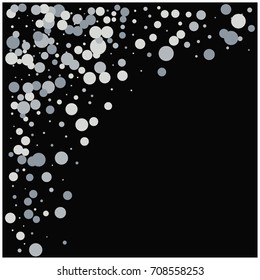 Vector falling snow confetti. Winter festive background. White and grey round snowballs on black background. Cold new year or Christmas frame. Celebration silver holiday decoration. Snowing at night.