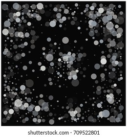 Vector falling snow confetti. Winter festive background. White and grey round snowballs on black background. Cold new year or Christmas frame. Celebration silver holiday decoration. Snowing at night.