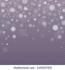 Vector falling snow effect. Abstract blue bokeh background. Merry Christmas. Shining bokeh isolated on transparent background.