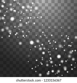Vector falling snow effect isolated on transparent background with blurred bokeh.