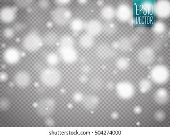 Vector falling snow effect isolated on transparent background with blurred bokeh.