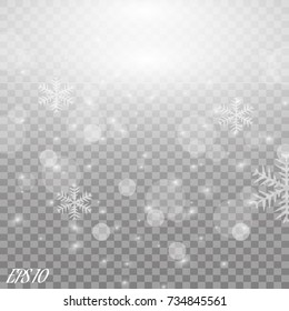 Vector falling snow effect isolated on transparent background with blurred bokeh.