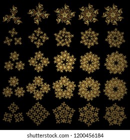 Vector falling snow set. Set of twenty five golden snowflakes and dots on a black background. Starry Sky.