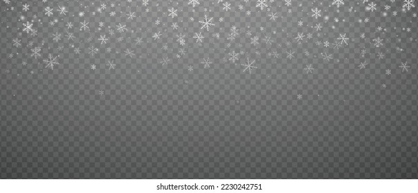 Vector Falling Snowflakes Christmas and New Year decoration isolated on transparent background. White snow flying on transparent. Winter Snowfall Design element Isolated on Transparent Background.