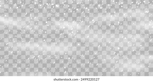 Vector falling snowflakes on png background. Vector heavy snowfall. White snowflakes flying in the air. Snow flakes, snow and blizzard. Christmas snow. Vector illustration isolated on transparent.