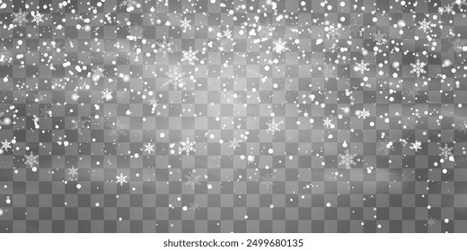 Vector falling snowflakes on png background. Vector heavy snowfall. White snowflakes flying in the air. Snow flakes, snow and blizzard. Christmas snow. Vector illustration isolated on transparent