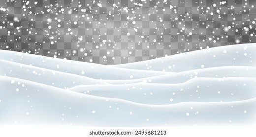 Vector falling snowflakes on png background. Vector heavy snowfall. White snowflakes flying in the air. Snow flakes, snow and blizzard. Christmas snow. Vector illustration isolated on transparent