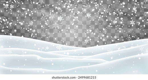 Vector falling snowflakes on png background. Vector heavy snowfall. White snowflakes flying in the air. Snow flakes, snow and blizzard. Christmas snow. Vector illustration isolated on transparent