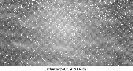 Vektorgrafik mit fallenden Schneeflocken auf png-Hintergrund. Schwerer Schneefall. Weiße Schneeflocken fliegen in der Luft. Schneeflocken, Schnee und Schneesturm. Weihnachtsschnee. Vektorgrafik einzeln auf Transparent