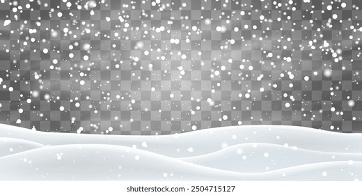 Vector falling snowflakes on png background. Vector heavy snowfall. White snowflakes flying in the air. Snow flakes, snow and blizzard. Christmas snow. Vector illustration isolated on transparent