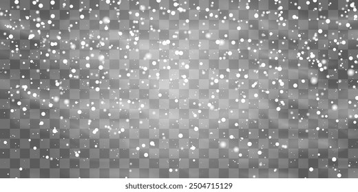 Vector falling snowflakes on png background. Vector heavy snowfall. White snowflakes flying in the air. Snow flakes, snow and blizzard. Christmas snow. Vector illustration isolated on transparent