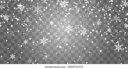 Vector falling snowflakes on png background. Vector heavy snowfall. White snowflakes flying in the air. Snow flakes, snow and blizzard. Christmas snow. Vector illustration isolated on transparent