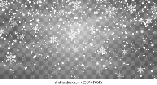 Vector falling snowflakes on png background. Vector heavy snowfall. White snowflakes flying in the air. Snow flakes, snow and blizzard. Christmas snow. Vector illustration isolated on transparent