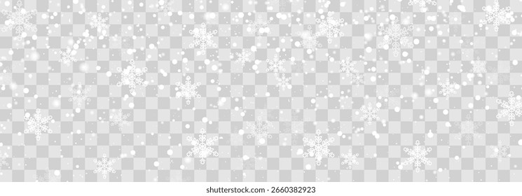 Vector falling snowflakes on png background. Vector heavy snowfall. White snowflakes flying in the air. Snow flakes, snow and blizzard. Christmas snow. Vector illustration isolated on transparent.