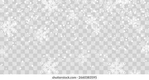 Vector falling snowflakes on png background. Vector heavy snowfall. White snowflakes flying in the air. Snow flakes, snow and blizzard. Christmas snow. Vector illustration isolated on transparent.