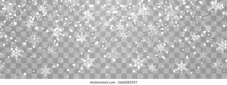 Vector cayendo copos de nieve sobre fondo png. Vector de fuertes nevadas. Copos de nieve blancos volando en el aire. Copos de nieve, nieve y ventisca. Las Navidades nevan. Ilustración vectorial aislada en transparente.