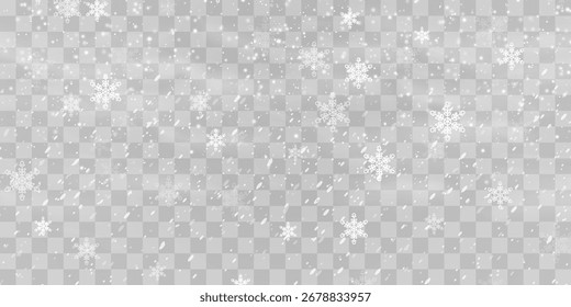 Vektorgrafik mit fallenden Schneeflocken auf png-Hintergrund. Schwerer Schneefall. Weiße Schneeflocken fliegen in der Luft. Schneeflocken, Schnee und Schneesturm. Weihnachtsschnee. Einzeln auf transparentem Hintergrund