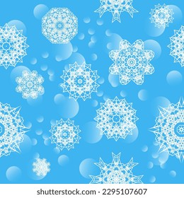 Vector cayendo copos de nieve en invierno sobre fondo azul borroso sin costura.