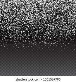 Vector falling sparkle silver glitter. Shimmer particles texture. Shining border on black transparent background 