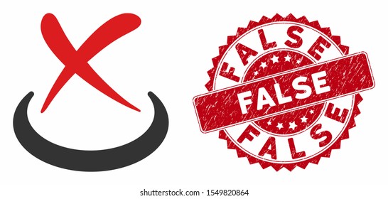 Vector false icon and grunge round stamp seal with False caption. Flat false icon is isolated on a white background. False stamp uses red color and grunge design.