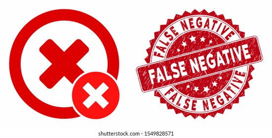 Vector false negative icon and corroded round stamp seal with False Negative text. Flat false negative icon is isolated on a white background.