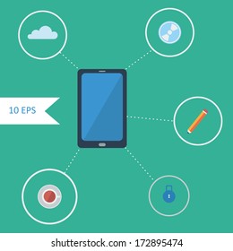 vector falt design infographics with smartphone and icons with cloud, mp3, pencil, coffee, lock