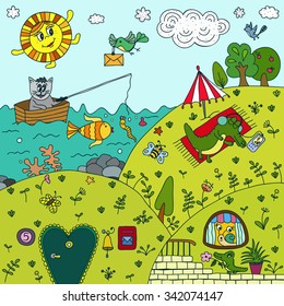Vector family of animals with nature background