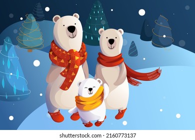 Vector family of bears. Parents in red scarves, baby bear cub in an orange scarf are smiling. Against the backdrop of a winter New Year's Eve evening forest