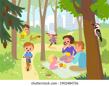 Vector. Family and children walking, having fun, together outdoors, in park on green lawn, having picnic, sitting on blanket, having quality time together. Leisure activities, active recreation