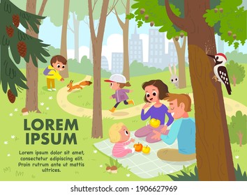 Vector. Family and children walking, having fun, together outdoors, in park on green lawn, having picnic, sitting on blanket, having quality time together. Leisure activities, active recreation