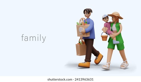 Vector family color concept. Family leisure. 3D parents and life spend time together. Dad carries shopping from store. Mother carries child. Married life