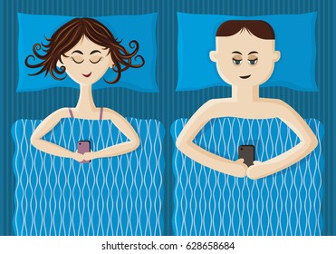 Vector family couple lying in bed holding smartphones texting or reading messages, downloading apps or playing games. 
