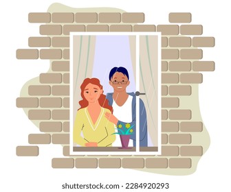 Pareja de la familia de vectores parados en la ventana y mirando la ilustración. Caricatura de hombre y mujer en casa. Tiempo de autoseguridad o concepto decente de bloqueo